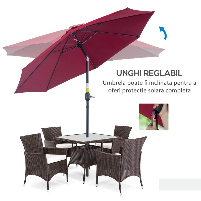 Outsunny Umbrelă de Grădină Înclinabilă pe 3 Unghiuri cu Manivelă, Ø265x240 cm, Roșu