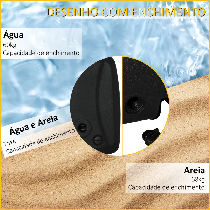 Outsunny Base de Chapéu de Sol com 2 Rodas Preenchível com Água 60kg Areia 68kg Misto 75kg Suporte de Chapéu de Sol para Jardim Pátio Terraço 80x60x15cm Preto