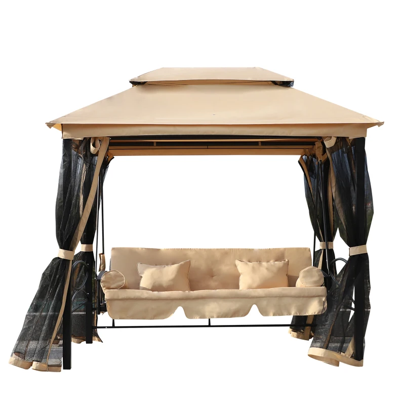 Outsunny Hollywoodschaukel Gartenschaukel Schaukel mit Seitenwänden 3-Sitzer Beige 256 x 172 x 248 cm