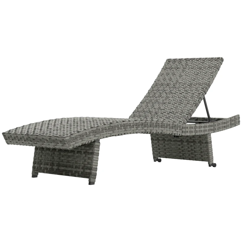 Outsunny Outdoor PE Rattan Sun Lounger, Folding Wicker Garden Lounger Recliner with 4-Level Adjustable Backrest, Rolling Sunbed Lounge Chair with Wheels, Non-Slip Legs for Balcony, Beach, Mixed-grey