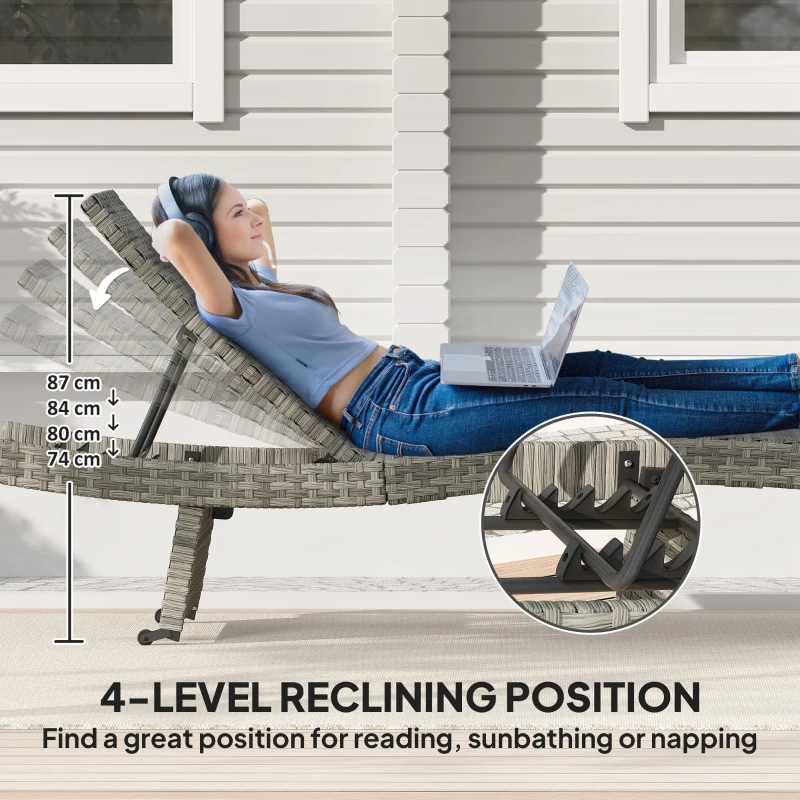 Outsunny Outdoor PE Rattan Sun Lounger, Folding Wicker Garden Lounger Recliner with 4-Level Adjustable Backrest, Rolling Sunbed Lounge Chair with Wheels, Non-Slip Legs for Balcony, Beach, Mixed-grey