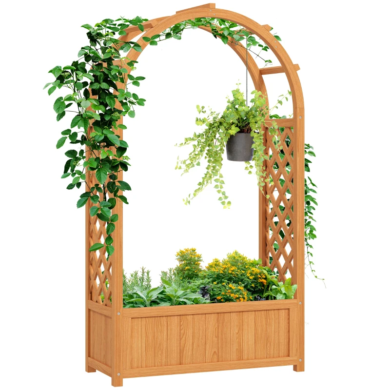 Outsunny Verhoogd Tuinbed Plantenbak met Klimrek, Boogdak Klimplantenrek Hout 83 x 36 x 145cm Lichtbruin