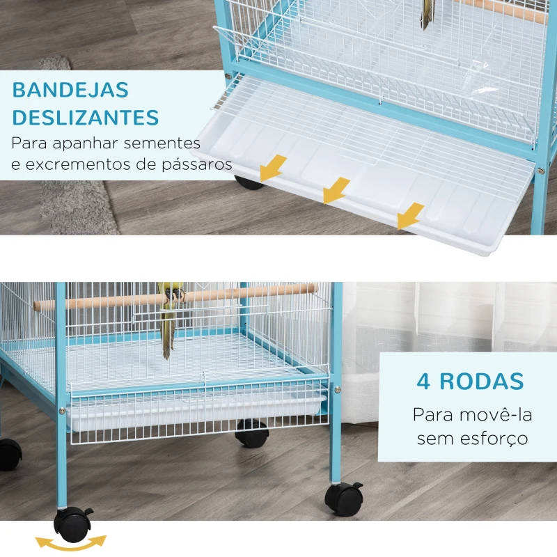 PawHut Gaiola para Pássaros com Rodas de 2 Níveis  com Bandejas Removíveis Portas Comedouros Poleiros 51,5x50x140 cm Azul