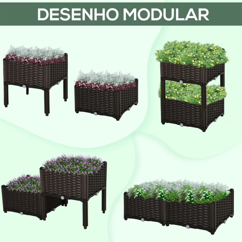 Outsunny Conjunto de 2 Floreiras Quadradas Floreiras para Flores e Vegetais com Orifícios de Drenagem e Pés Altos 40x40x26-44cm Marrom