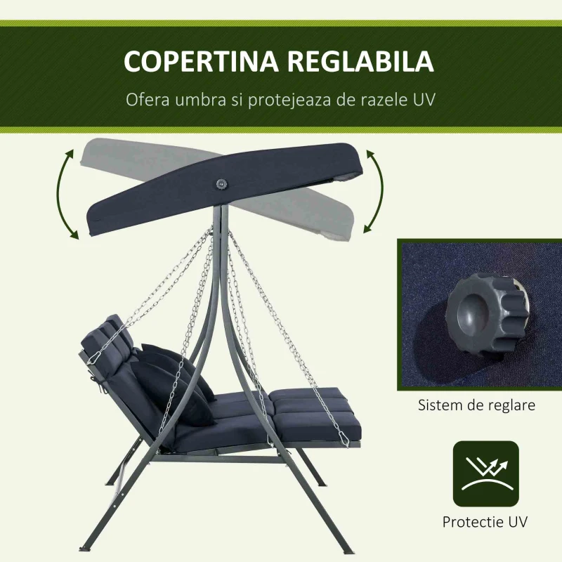 Outsunny Balansoar de Grădină cu 3 Locuri, Copertină Reglabilă și 3 Perne, 198x118x168 cm, Albastru(m-4)