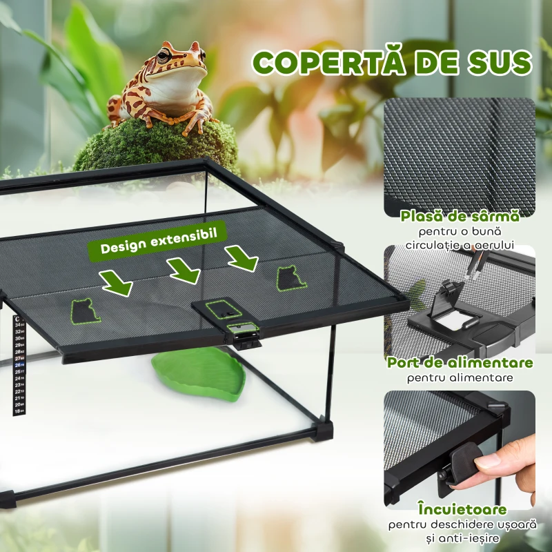 PawHut Terariu Înălțat pentru Reptile cu Încuietoare și Ușă pentru Hrănire, 50x30x25 cm, Negru