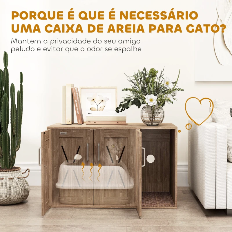 PawHut Móvel Caixa de Areia para Gatos 3 em 1 com Portas Tapete para Arranhar e Compartimento p 80x48x50,5 cm Castanho