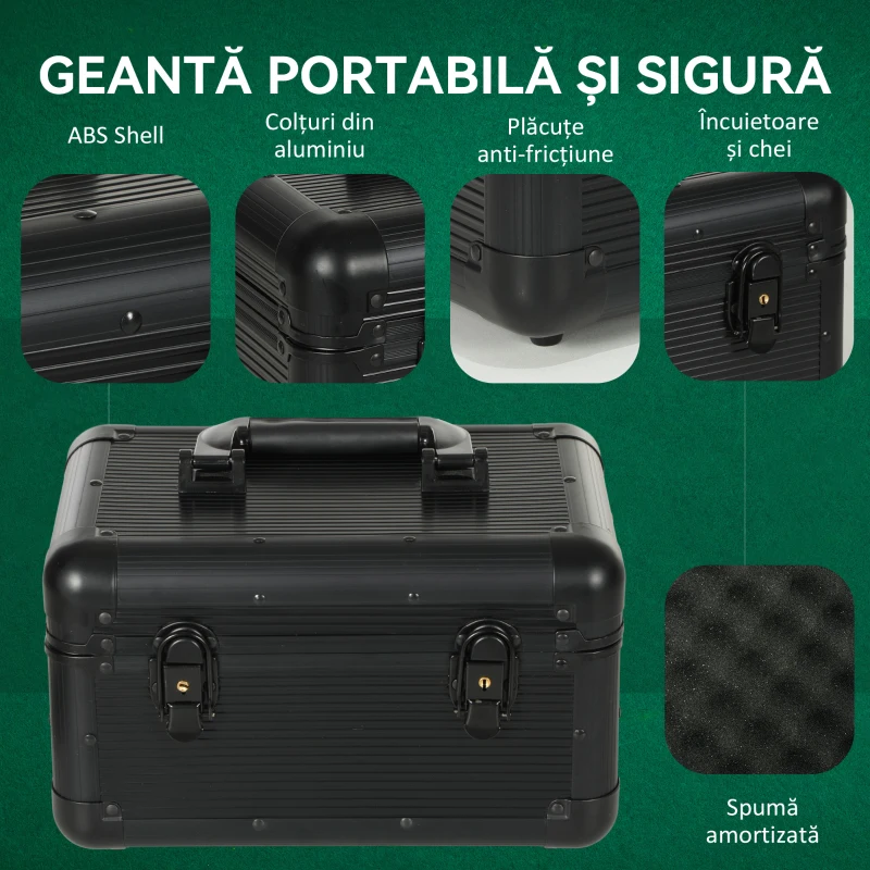 SportNow Set Casino cu Cutie, Covoras, Jetoane Numerotate si 2 Pachete de Carti de Joc, 28.5x18x18 cm, Negru