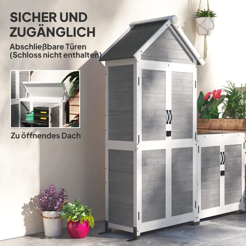 Outsunny Gartenschuppen mit Aufbewahrungsschrank, anpassbare Regale, verschließbare Türen, wasserfest, Fichtenholz, Hellgrau(m-8)