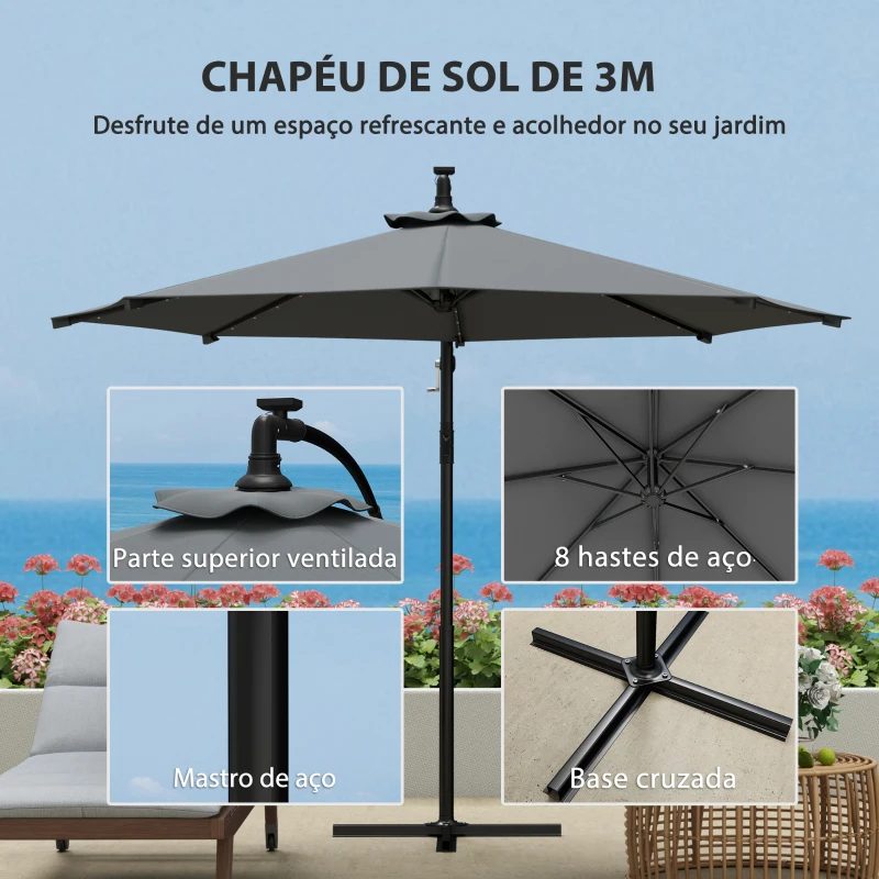 Outsunny Chapéu de Sol Excêntrico  Ø294 cm com 32 Luzes LED Solares Base Cruzada e Capa de Proteção Anti-UV 30+ Cinza Escuro