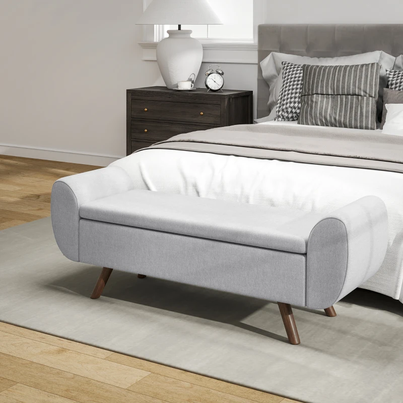 HOMCOM Panca Contenitore Fondo Letto con Braccioli in Tessuto, Gambe in Legno e Vano da 53.8L, 132x42x50 cm, Grigio(m-8)