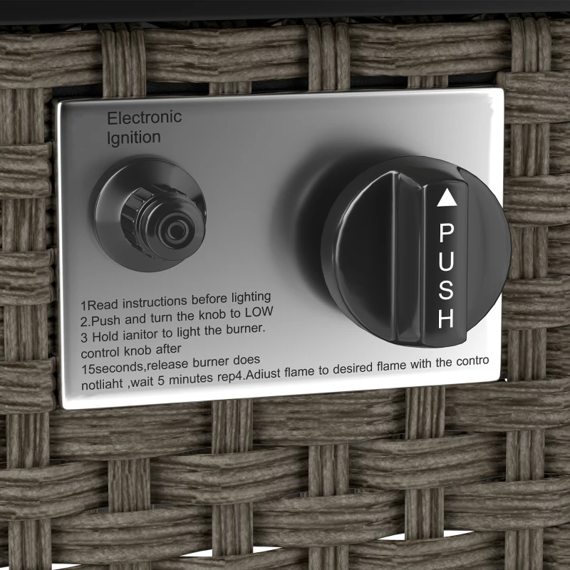 Outsunny Rattan Gas Fire Pit Table for Garden, 13 KW Smokeless Propane Fire Pit with Lid, Square Garden Coffee Table with Patio Heater for Outdoor, Patio, 58 x 58 x 33 cm, Grey