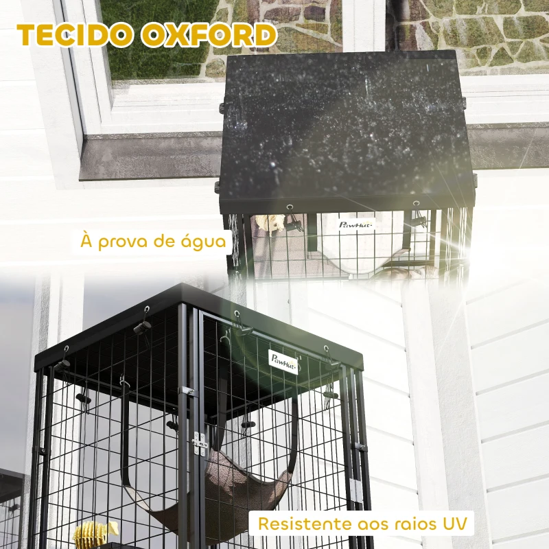 PawHut Gaiola para Gatos Recinto para Gatos com Cobertura Impermeável 3 Plataformas Rede  Almofadas e Porta para 1-2 Gatos 61,5x55x157 cm Preto