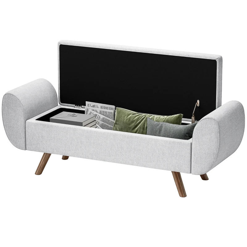 HOMCOM Panca Contenitore Fondo Letto con Braccioli in Tessuto, Gambe in Legno e Vano da 53.8L, 132x42x50 cm, Grigio(m-10)