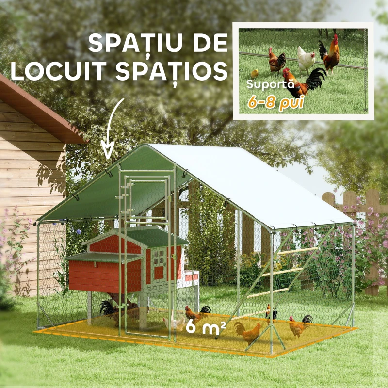 PawHut Coteț pentru Găini cu Copertină Impermeabilă și Rezistentă la UV, 300x200x195 cm, Argintiu(m-4)
