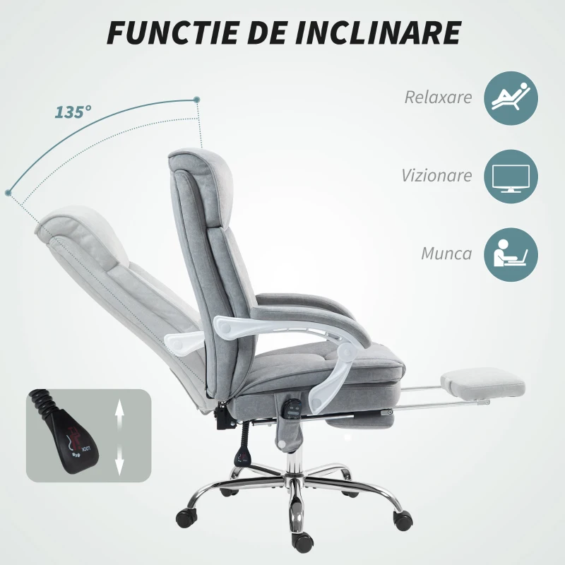 HOMCOM Scaun de Birou cu Masaj prin Vibrații, Roți Pivotante și Înălțime Reglabilă, 66x60x113-121 cm, Gri(m-7)
