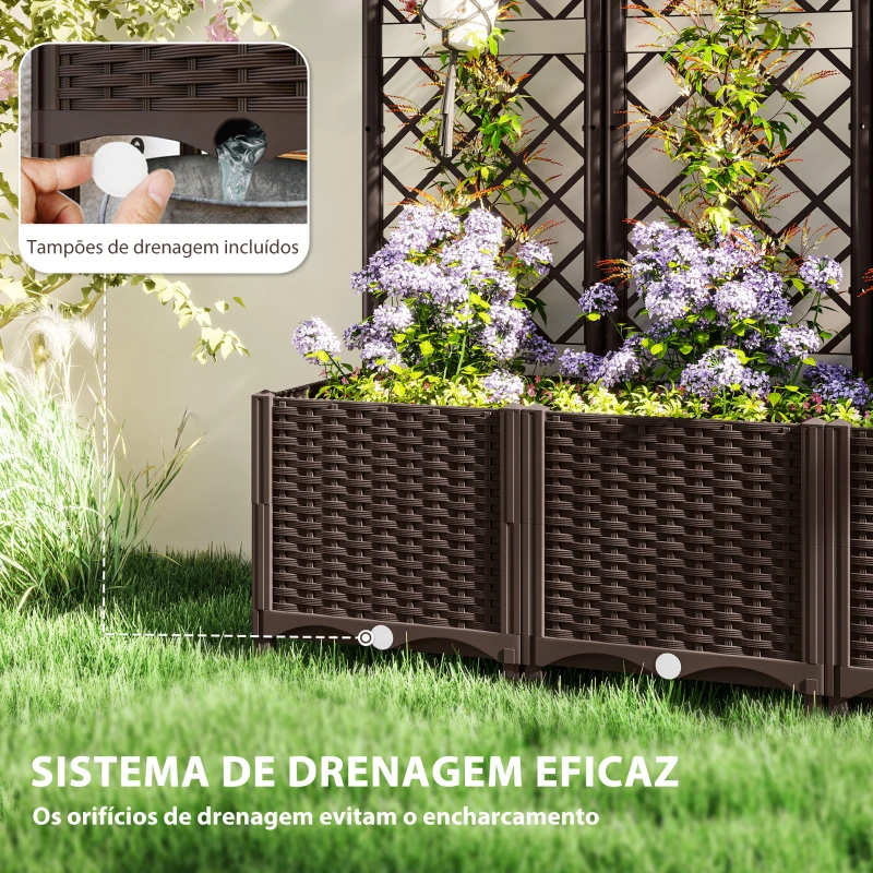 Outsunny Floreira com Treliça de PP com Drenagem e Amplo Espaço para Plantas Trepadoras Vaso com Suporte para Jardim 120x40x135 cm Marrom