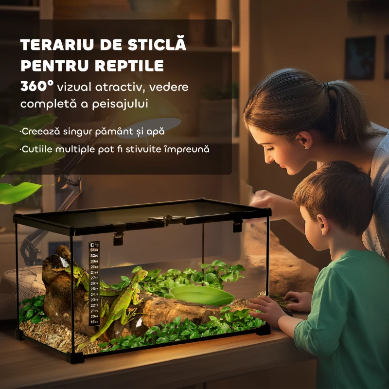PawHut Terariu Înălțat pentru Reptile cu Încuietoare și Ușă pentru Hrănire, 50x30x25 cm, Negru