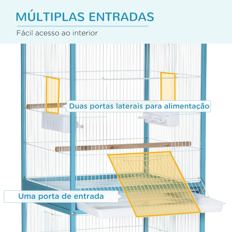 PawHut Gaiola para Pássaros com Rodas de 2 Níveis  com Bandejas Removíveis Portas Comedouros Poleiros 51,5x50x140 cm Azul