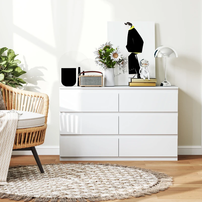 HOMCOM Comodă cu 6 Sertare și Picioare Antiderapante din Lemn, 120x39x75 cm, Alb(m-8)