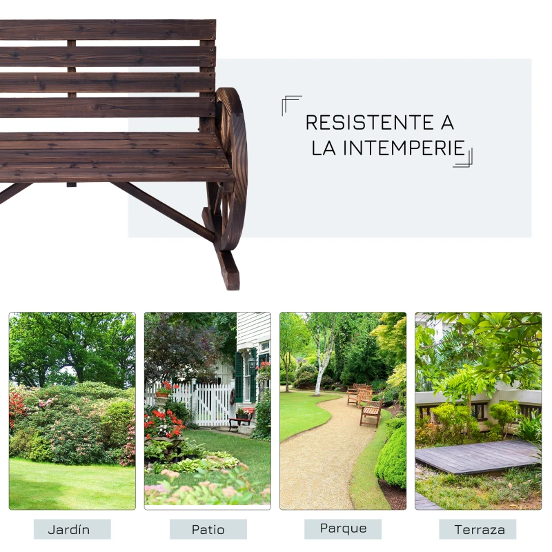 Outsunny Banco de madeira ao ar livre com apoio de braços em forma de roda Vista envelhecida para varanda Terraço 105,5x56x75 cm Marrom rústico