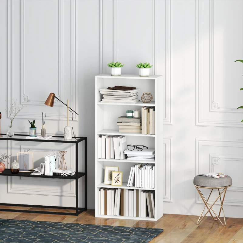 HOMCOM Bibliotecă cu 5 Niveluri și Rafturi Ajustabile, 60x24x133,5 cm, Alb(m-7)