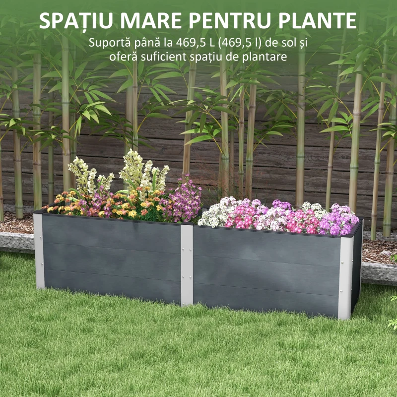 Outsunny Pat de Grădină Înălțat cu Bază Deschisă, Jardinieră Înălțată pentru Grădină, 200x50x56 cm, Gri