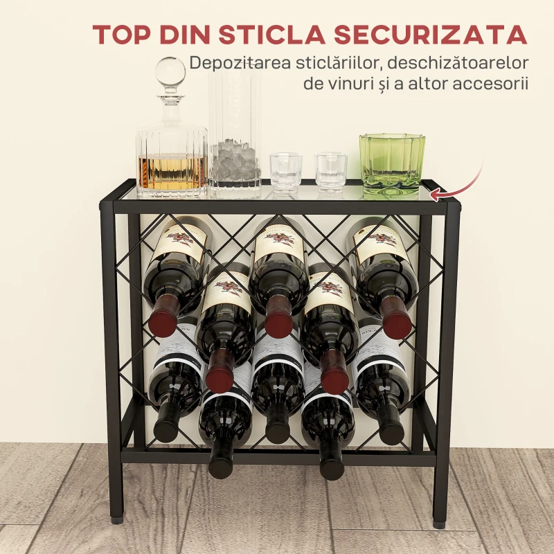 HOMCOM Suport pentru Sticle de Vin cu Blat din Sticlă Securizată și Cadru din Oțel, 41x22x41 cm, Negru