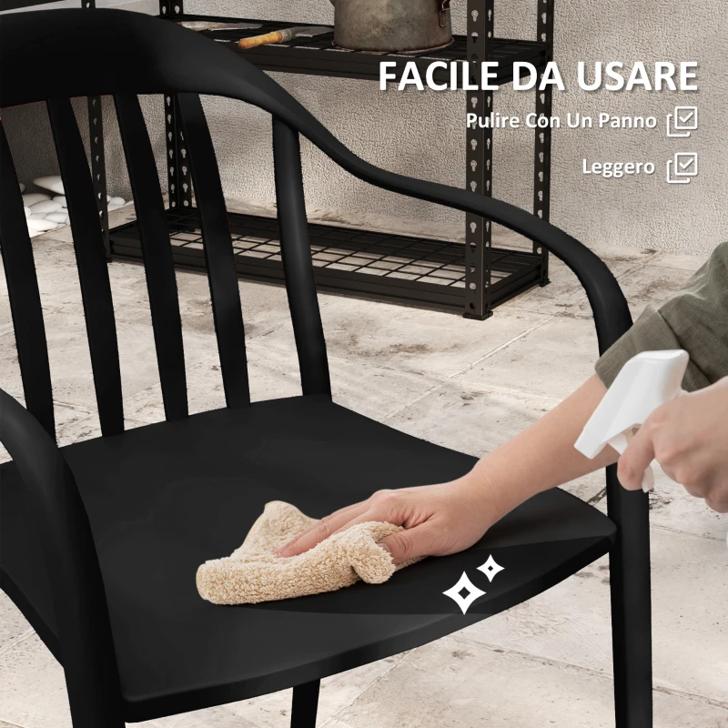 Outsunny Set 4 Sedie da Giardino Impilabili in PP con Schienale Alto e Braccioli, 57x54x78 cm, Nero