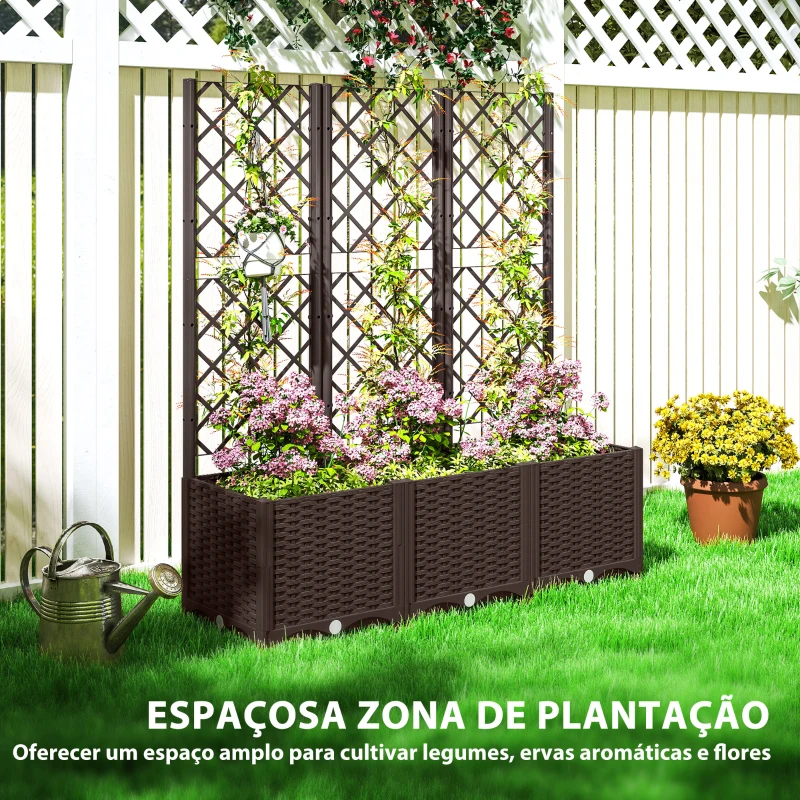 Outsunny Floreira com Treliça de PP com Drenagem e Amplo Espaço para Plantas Trepadoras Vaso com Suporte para Jardim 120x40x135 cm Marrom