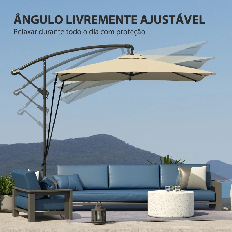 Outsunny Chapéu de Sol Excêntrico 247x247 cm com Base Cruzada Capa Ajustável Manivela Capa Protectora e Corda de Vento Caqui