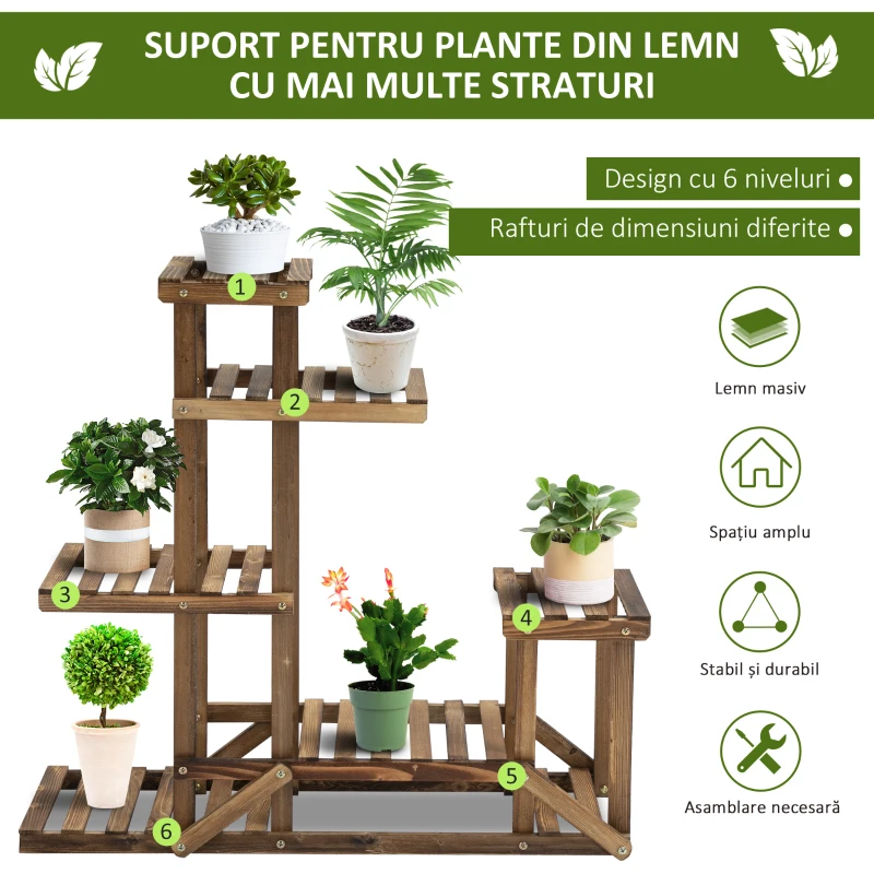 Outsunny Etajera Suport Plante Asimetrica cu 6 Niveluri pentru Gradina si Casa, din Lemn, 95x28x96.5 cm