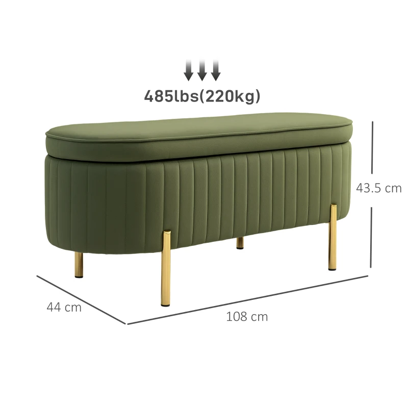 HOMCOM Băncuță Tapițată pentru Dormitor cu Capitonaj Canelat și Picioare Metalice, 108x44x43,5 cm, Verde(m-3)