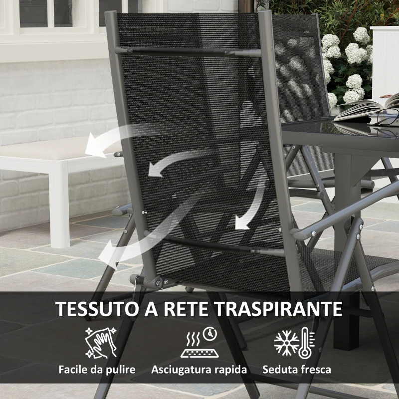 Outsunny Set da Giardino con Tavolo Allungabile in Vetro e 6 Sedie da Esterno Pieghevoli, Acciaio e Textilene, Grigio