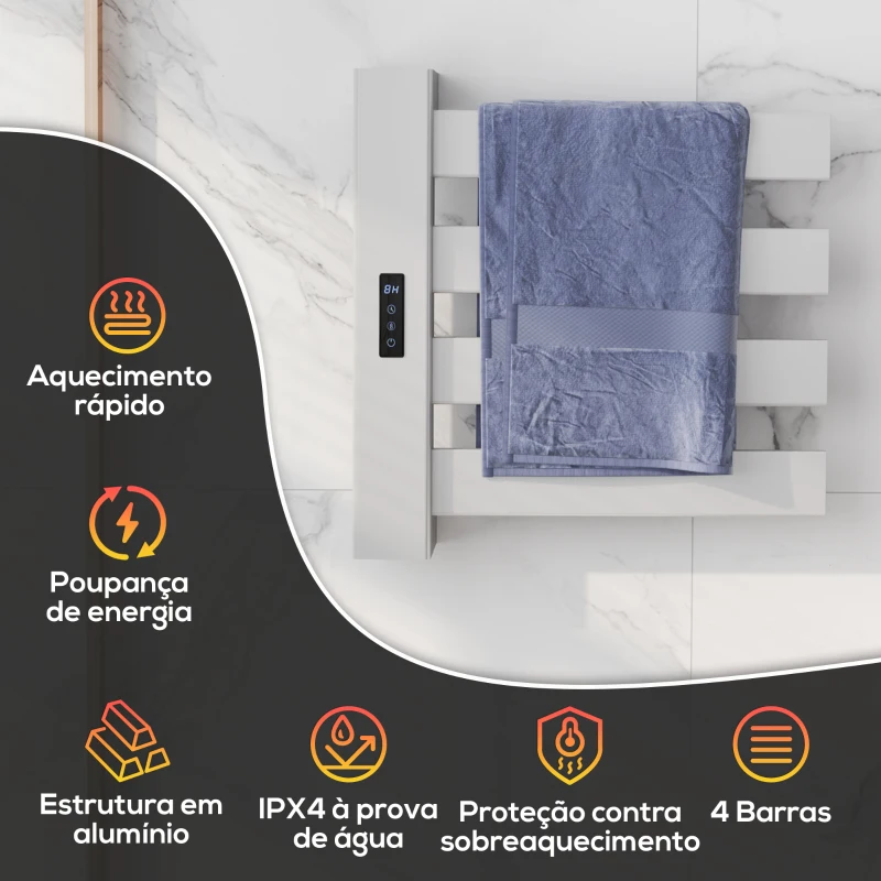 HOMCOM Toalheiro Elétrico de Parede 130W com Control WIFI Ecrã Tátil Temporizador 4 Barras Temperatura Ajustável Baixo Consumo IPX4 47,5x9,5x49 cm Branco