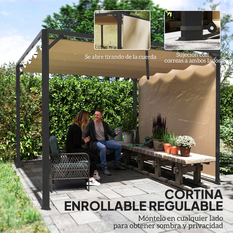 Outsunny Pérgola Retráctil de Aluminio 3x3 m con Techo Ajustable Cortina Enrollable y Protección UV para Jardín o Terraza Caqui