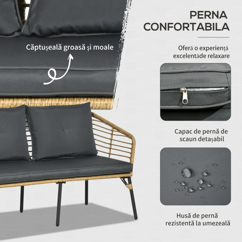 Outsunny Set Mobilier de Grădină din Ratan cu Canapea, 2 Fotolii cu Perne și Măsuță, 131x63x76 cm, Gri Închis