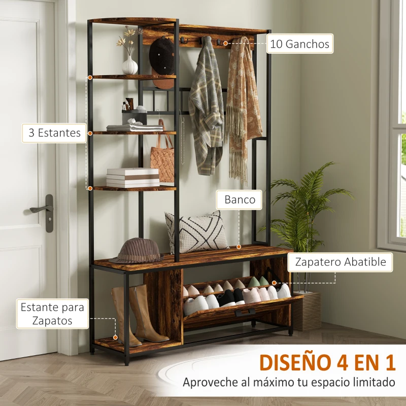 HOMCOM Perchero Zapatero con Banco Ganchos Zapatero y Compartimento de Almacenaje para Entrada 120x35x180 cm Marrón Oscuro