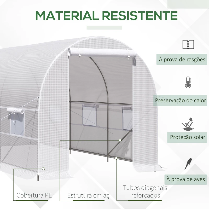 Outsunny Estufa Tipo Túnel 400x200x200cm Estufa de Jardim com Portas Enroláveis e 6 Janelas Cobertura de PE 140 g/m² Estrutura de Metal para Cultivo de Plantas Verduras Branco