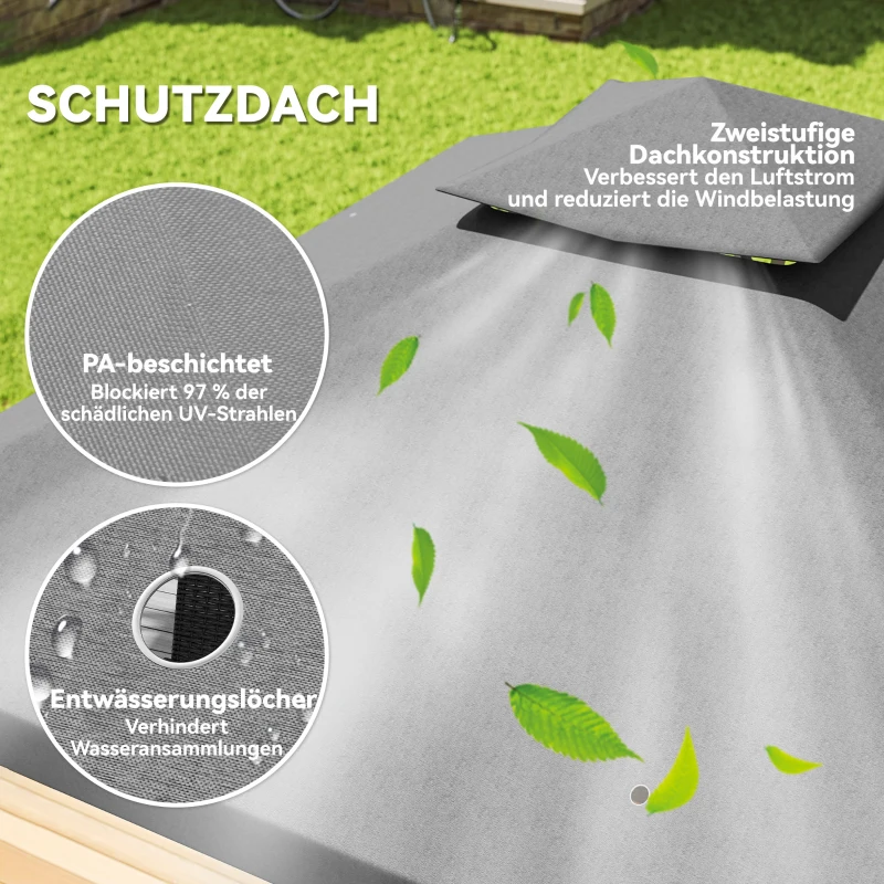 Outsunny 3 x 3 m Garten-Pavillon, 2-Stufen-Dach-Design, UV30+ Schutz, UV-beständig, Sonnenschutz, Metallrahmen, Dunkelgrau