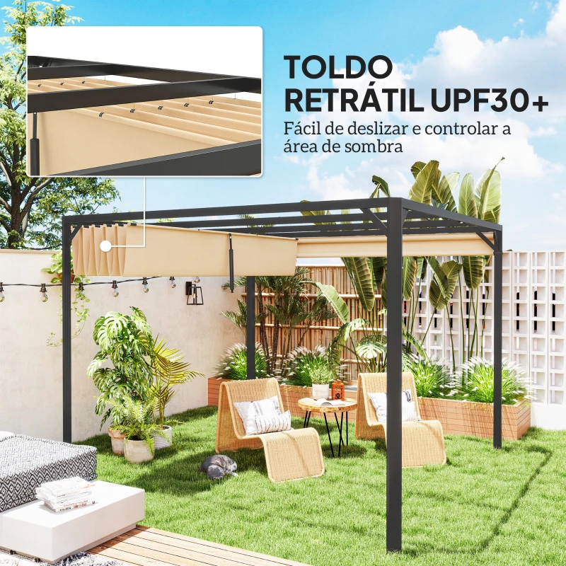 Outsunny Pérgola com Teto Retrátil Pérgola de Alumínio 3x3 m Pérgola com Cortina Enrolável Proteção UV30+ Caqui