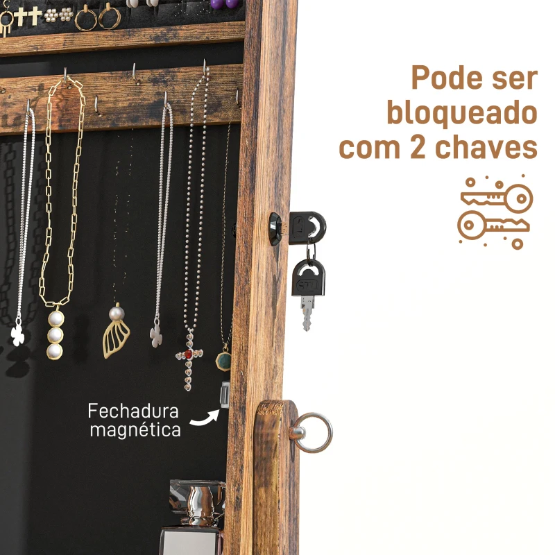 HOMCOM Espelho Joalheiro de Pé com Ângulos Ajustáveis Fechadura Magnética Organizador de Joias com Prateleiras 46x36,5x151,5cm Marrom Rústico