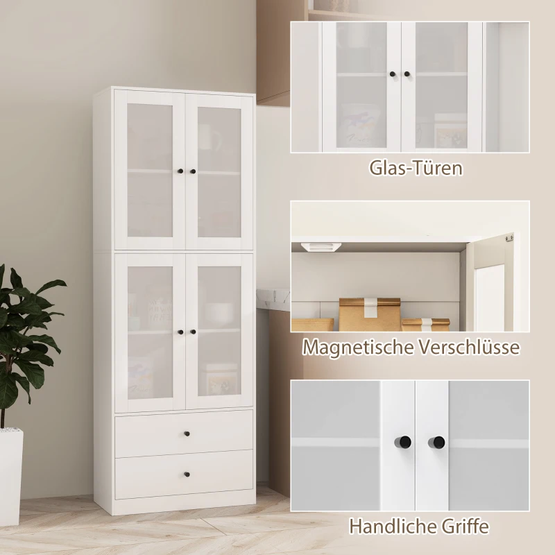 HOMCOM Szafka kuchenna z szufladami i drzwiami szklanymi, powierzchnia z melaminy, Biały