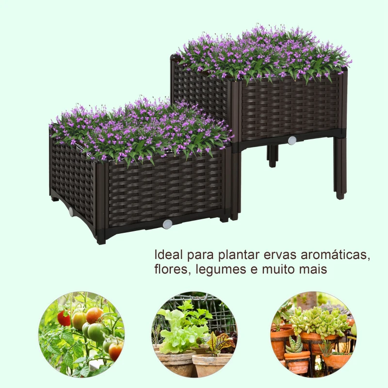 Outsunny Conjunto de 2 Floreiras Quadradas Floreiras para Flores e Vegetais com Orifícios de Drenagem e Pés Altos 40x40x26-44cm Marrom