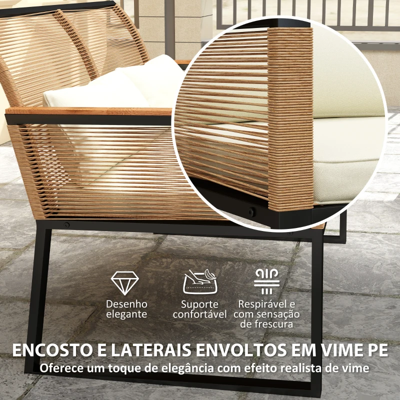 Outsunny Conjunto de Jardim 4 Peças de Vime Sintético com 2 Cadeiras 1 Sofá de 2 Lugares e Mesa de Centro Madeira e Creme