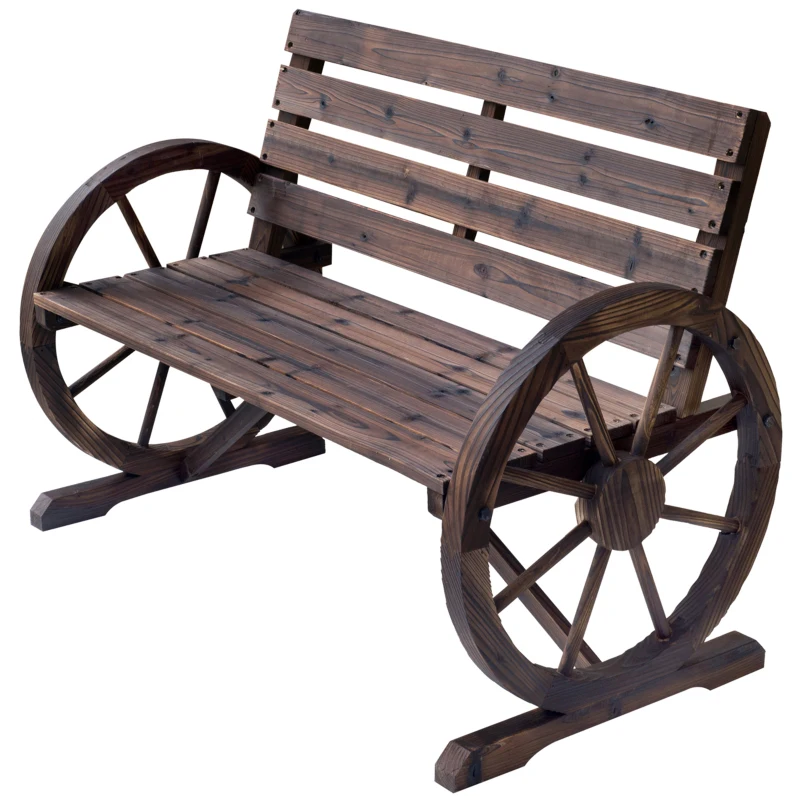 Outsunny Banco de madeira ao ar livre com apoio de braços em forma de roda Vista envelhecida para varanda Terraço 105,5x56x75 cm Marrom rústico