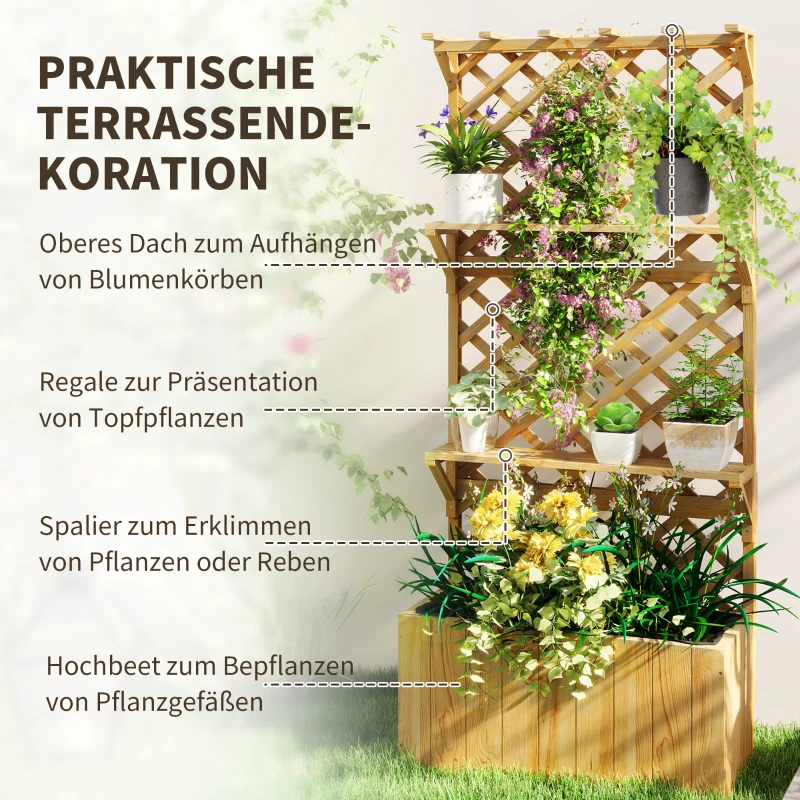 Outsunny Hochbeet mit Spalier, Blumenkasten, 2 Regale, Drainagelöcher, 76 x 33 x 177 cm