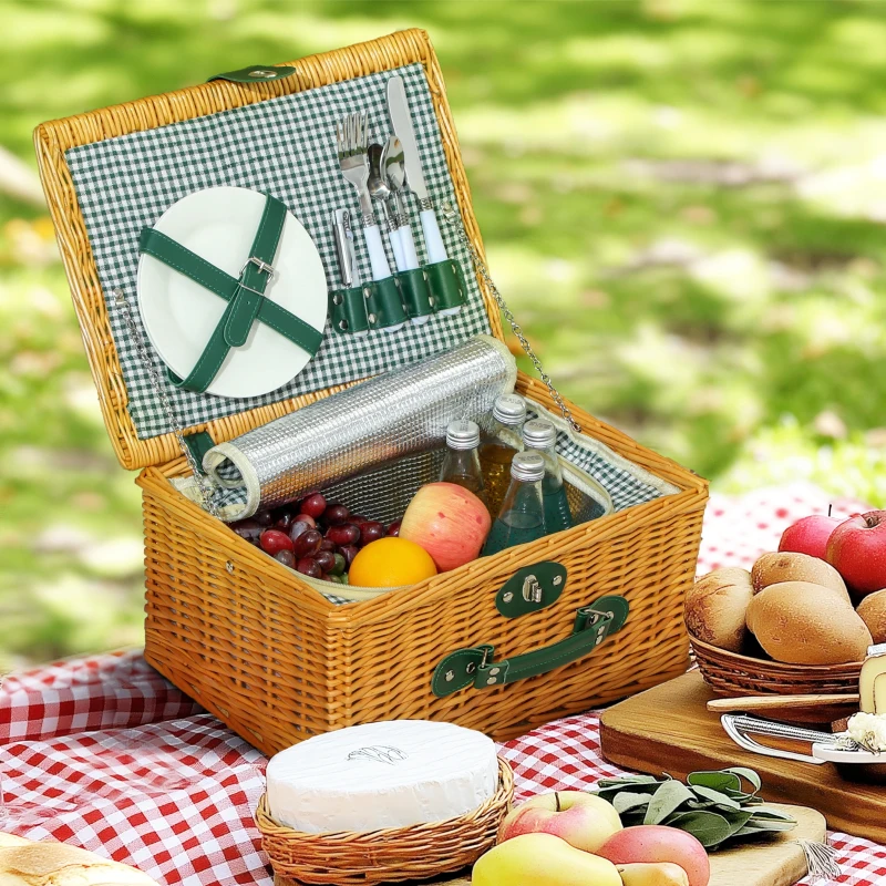 Outsunny Cesta da Pic Nic per 2 Persone in Vimini con Area Termica e Cavatappi, 40x30x20 cm, Marrone Chiaro