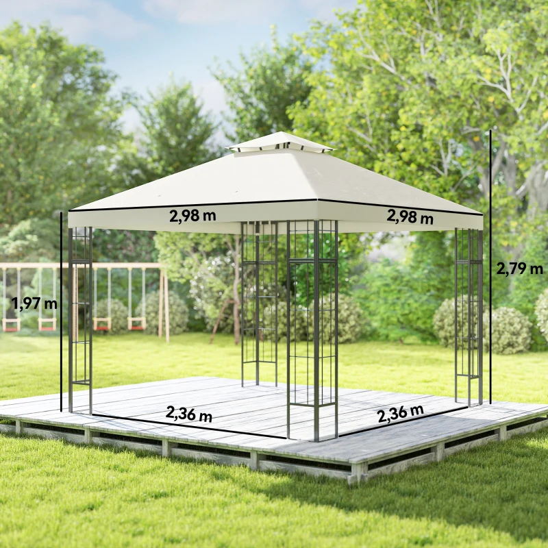 Outsunny 3 x 3 m Tuinpaviljoen, Dubbeldak-Design, UV30+ Bescherming, UV-bestendig, Zonwering, Metalen Frame, Crèmewit
