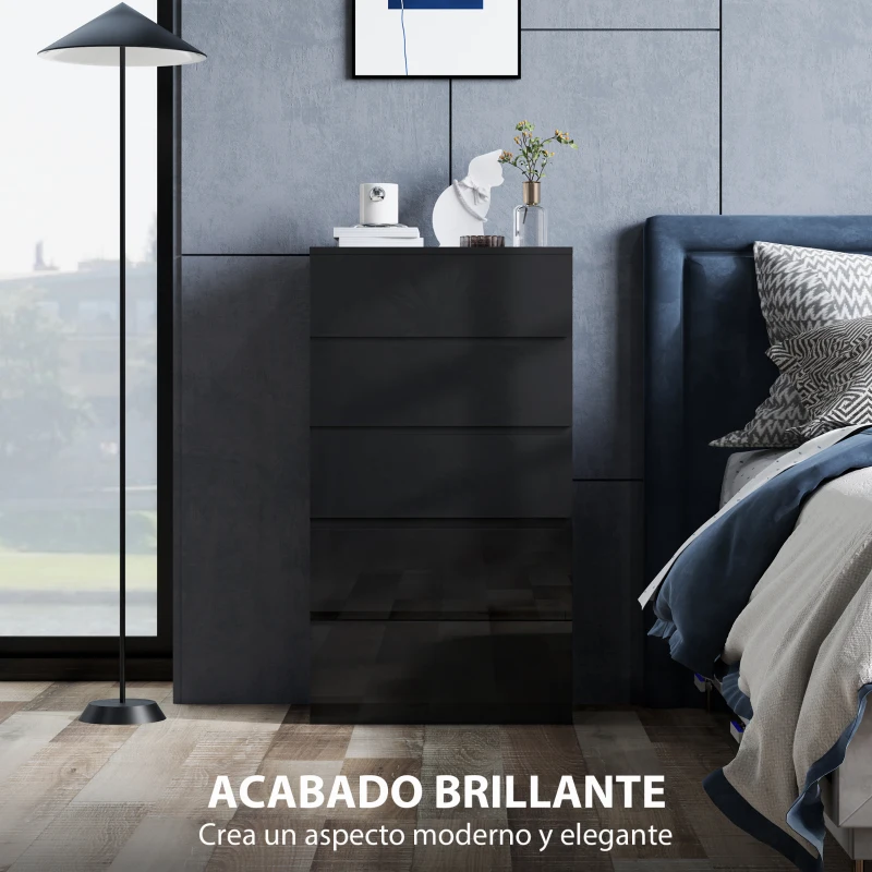 HOMCOM Cómoda con 5 Cajones Cajonera de Estilo Moderno para Dormitorio Entrada Salón 55x34x100 cm Negro